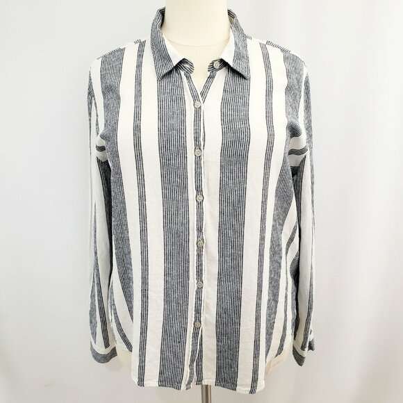 Orvis Linen Blend Button-Down Shirt XXL Stripes Blue White Roll-Tab Sleeve - Picture 1 of 9